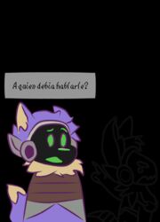  anthro black_background colored_line_art ears_up fur green_face kirushi_(that_fur) machine male protogen purple_body purple_fur purple_line_art questioning remake secret simple_background solo spanish_text tall text that_fur 