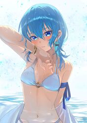  arm_up bikini blue_eyes blue_hair breasts chakuma_(yiyh1468) closed_mouth earrings female hair_between_eyes halterneck highres hololive hoshimachi_suisei jewelry long_hair looking_at_viewer navel o-ring o-ring_top small_breasts solo star_(symbol) star_in_eye stomach swimsuit symbol_in_eye virtual_youtuber water white_bikini 