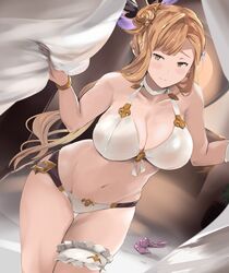  absurdres bare_shoulders blush breasts cafekun choker cleavage closed_mouth collarbone commentary_request condom condom_packet_strip condom_wrapper curtain_grab curtains female granblue_fantasy green_eyes head_wings highres large_breasts long_hair looking_at_viewer navel official_alternate_costume orange_hair sidelocks smile solo thigh_strap thighs tweyen_(eternal&#039;s_summer_vacation)_(granblue_fantasy) tweyen_(granblue_fantasy) wings 