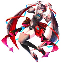  black_footwear black_hair black_shirt blue_eyes boots colored_inner_hair detached_sleeves female hands_up hatsune_miku highres long_hair looking_at_viewer multicolored_hair red_hair shirayuki_towa shirt smile solo thigh_boots transparent_background twintails very_long_hair vocaloid 