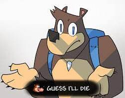  animal_humanoid anthro backpack banjo-kazooie banjo_(banjo-kazooie) bear blue_eyes brown_body brown_fur claws english_text fur gesture guess_i&#039;ll_die humanoid looking_at_viewer low_res male mammal mammal_humanoid meme potoobrigham rareware shark_tooth_necklace shrug simple_background solo text ursid_humanoid white_background 