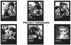  2girls 4boys aircraft airplane beard character_name comic_(project_wingman) commentary diplomat_(project_wingman) english_text explosion facial_hair fighter_jet galaxy_(project_wingman) greyscale heartbreak_juan jet kaiser_(project_wingman) looking_at_viewer looking_back mask military military_vehicle monarch_(project_wingman) monochrome multiple_boys multiple_girls pilot pilot_helmet pilot_suit prez_(project_wingman) project_wingman sunglasses thumbs_up visor 