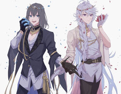  2boys aiguillette belt bishounen black_gloves black_hair black_pants blue_eyes blue_flower blue_rose braid closed_mouth cowboy_shot fate/grand_order fate_(series) flower gloves hair_over_shoulder head_wreath highres holding holding_flower legs_apart legs_together long_hair looking_at_viewer male_focus merlin_(fate) merlin_(overnight_dream)_(fate) monimn_n multiple_boys oberon_(fate) oberon_(overnight_dream)_(fate) official_alternate_costume open_mouth pants petals purple_eyes red_flower red_rose rose shirt simple_background smile spoilers standing symmetry white_background white_gloves white_hair white_shirt 