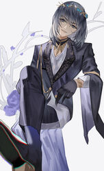  1boy absurdres aiguillette bishounen black_eyes black_gloves black_hair black_pants commentary crossed_legs fate/grand_order fate_(series) gloves grey_background head_tilt head_wreath highres invisible_chair looking_at_viewer male_focus oberon_(fate) oberon_(overnight_dream)_(fate) official_alternate_costume pants simple_background sitting smile solo spoilers symbol-only_commentary zhenxiao 