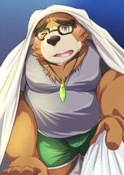  2023 anthro bear bedding belly black_nose blanket blush bottomwear brown_body brown_fur clothing eyewear fur glasses hi_res kemono lifewonders male mammal nazebesu_hobby overweight overweight_male shirt shorts solo tokyo_afterschool_summoners topwear volos_(tas) 