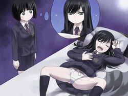  2girls bed black_eyes black_hair blush bob_cut clothes_lift commentary drooling expressionless hosoinogarou imagining koguma_(super_cub) long_hair looking_at_another multiple_girls necktie on_bed open_mouth panties pillow purple_background reiko_(super_cub) school_uniform short_hair simple_background skirt skirt_lift sleeping snoring sparkle spread_legs super_cub sweat teeth thought_bubble underwear upper_teeth_only white_panties yuri 