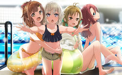  4girls abe_kanari blurry blurry_background breasts brown_eyes brown_hair collarbone commentary_request high_school_fleet highres himeji_kayoko irizaki_mei long_hair looking_at_viewer matsunaga_ritsuko medium_hair multiple_girls open_mouth pool short_hair small_breasts sparkle swimsuit tateishi_shima 