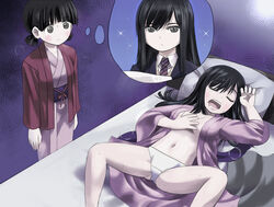  2girls alternate_hairstyle bed black_eyes black_hair blush breasts cleavage commentary drooling expressionless hakama hakama_skirt hosoinogarou imagining japanese_clothes kimono koguma_(super_cub) long_hair looking_at_another low_twintails medium_breasts multiple_girls navel necktie no_bra obi on_bed open_mouth panties pillow purple_background reiko_(super_cub) sash school_uniform short_hair simple_background skirt sleeping snoring sparkle spread_legs super_cub sweat teeth thought_bubble twintails underwear upper_teeth_only white_panties yuri 