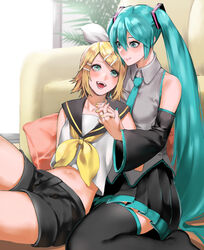  2girls :d aqua_eyes black_legwear black_sailor_collar black_shorts black_skirt black_sleeves blonde_hair blue_eyes blue_hair blue_nails blue_necktie bow closed_mouth collared_shirt commentary couple crop_top detached_sleeves eye_contact grey_shirt hair_ornament hairbow hairclip hatsune_miku highres holding_hands indoors interlocked_fingers kagamine_rin long_hair long_sleeves looking_at_another meriko midriff miniskirt multiple_girls nail_polish navel neckerchief necktie open_mouth parted_bangs pleated_skirt sailor_collar sailor_shirt shirt short_hair short_shorts shorts sitting skirt sleeveless sleeveless_shirt smile stomach thighhighs very_long_hair vocaloid wariza white_bow white_shirt wing_collar yellow_nails yellow_neckerchief yuri zettai_ryouiki 