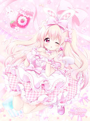  animal_ears blonde_hair bow chiika_(cure_cherish) female food frills fruit highres holding holding_wand jumping layered_skirt long_hair mary_janes md5_mismatch one_eye_closed original pink_eyes plaid plaid_skirt rabbit_ears ribbon shoes skirt solo strawberry strawberry_jam two_side_up wand 