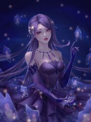  absurdres artist_name bare_shoulders beads breasts cleavage collarbone commentary cowboy_shot dress elbow_gloves english_commentary expressionless eyelashes eyeshadow female frilled_dress frills glass_shards gloves gown hair_beads hair_ornament highres hybreasalis jewelry lace-trimmed_dress lace-trimmed_gloves lace_trim light_particles lipstick long_hair makeup medium_breasts miracle_nikki necklace nikki_(nikki) nikki_(series) nostrils parted_lips pink_eyeshadow print_dress purple_dress purple_eyes purple_gloves purple_hair realistic red_lips reflection solo space star_(symbol) star_hair_ornament star_necklace star_print star_sea_(nikki) straight_hair strapless strapless_dress very_long_hair watermark 