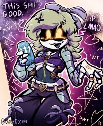  >w< :3 absurd_res accessory alternate_costume alternative_fashion artist_name beads belly black_body black_bottomwear black_clothing blonde_hair blush blush_lines bottomwear bow_ribbon bracelet breasts chains christian_cross christian_symbol christianity clothing crop_top cropped_tank_top cross cute_fangs cyn_(murder_drones) diddlydooter1 digital_drawing_(artwork) digital_media_(artwork) earless egirl eldritch_abomination fangs female glitch_productions grey_body grey_hair grey_tongue hair hair_accessory hairclip heart_symbol hi_res hipless_clothing humanoid jewelry lmao long_hair machine metal metallic_body monster_energy murder_drones navel noseless open_mouth open_smile pants purple_clothing purple_topwear religion religious_symbol ring robot robot_humanoid scene_(fashion) screen screen_face segmented_body sharp_teeth shirt signature simple_background small_breasts smile solo tank_top teeth text thick_thighs thigh_gap tongue tongue_out topwear under_boob unusual_anatomy white_body wide_hips worker_drone yellow_eyes 