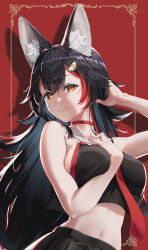  absurdres animal_ear_fluff animal_ears arm_up black_hair black_serafuku black_shirt black_skirt choker commentary_request cropped_shirt double-parted_bangs female flipped_hair gotointhepark hair_ornament hairclip hand_up highres hololive long_hair looking_at_viewer midriff necktie ookami_mio ookami_mio_(1st_costume) pleated_skirt red_choker red_necktie red_streaks sailor_collar school_uniform serafuku shirt sidelocks single_hair_streak skirt sleeveless sleeveless_shirt solo spiked_hair upper_body very_long_hair virtual_youtuber white_sailor_collar wolf_ears wolf_girl yellow_eyes 