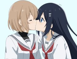  2girls absurdres black_hair blue_background blue_eyes brown_hair closed_eyes commentary_request highres kissing multiple_girls neckerchief oumi_shiori red_neckerchief sailor_collar school_uniform serafuku shirt short_hair simple_background undershirt watashi_wo_tabetai_hitodenashi white_sailor_collar white_shirt yaotose_hinako yuri yuriyui 