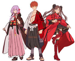  1boy 2girls adapted_costume black_hair blue_eyes blush_stickers boots closed_mouth commentary_request dress emiya_shirou fate/grand_order fate/stay_night fate_(series) full_body gloves hair_between_eyes hair_ribbon hakusai_(tiahszld) high_heels japanese_clothes kimono long_sleeves looking_at_viewer matou_sakura matou_sakura_(imaginary_around) multiple_girls obi open_clothes open_kimono open_mouth purple_eyes purple_hair red_hair red_kimono ribbon sandals sash senji_muramasa_(fate) shoes short_kimono siblings simple_background sisters skirt smile thigh_boots thighhighs tohsaka_rin tohsaka_rin_(formalcraft) white_background white_kimono wide_sleeves yellow_eyes 