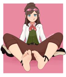  ankle_ribbon apollo_justice:_ace_attorney barefoot belt black_footwear blue_eyes border brown_hair brown_pants commission ema_skye eyewear_on_head feet female foot_focus full_body green_vest gyakuten_saiban high_heels highres knees_apart_feet_together lab_coat leg_ribbon licking_lips long_hair looking_at_viewer necktie pants pants_rolled_up pink_background pink_shirt red_necktie ribbon shadow shirt shoes sidelocks sitting softhanten soles solo spread_legs swept_bangs toe_scrunch toes tongue tongue_out twitter_username unworn_shoes vest white_border 