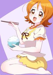  :o bowl brown_eyes brown_hair chopsticks commentary_request eating eyelashes female food happinesscharge_precure! happy holding holding_chopsticks oomori_yuuko open_mouth osarutukamaeru precure rice rice_bowl short_hair sitting skirt smile solo yellow_skirt 