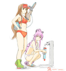  2girls bikini blunt_bangs brown_eyes brown_hair faucet green_eyes green_footwear hair_flaps hair_ribbon helena_(kancolle) helena_(swimsuit_mode)_(kancolle) honda_yoshinobu kantai_collection long_hair multiple_girls official_alternate_costume pink_hair ponytail red_bikini red_headwear ribbon shoes simple_background sneakers squatting standing swimsuit very_long_hair visor_cap water_gun white_background white_bikini yura_(kancolle) 