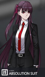  absurdres agent_47 agent_47_(cosplay) belt belt_buckle black_belt black_gloves black_pants black_suit breasts buckle business_suit cosplay female formal girls&#039;_frontline gloves half_updo highres hitman_(game) long_hair long_sleeves lzypoipoi medium_breasts necktie one_side_up pants purple_hair red_eyes red_necktie solo suit wa2000_(girls&#039;_frontline) 