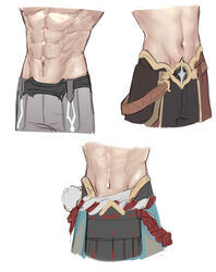  3boys abs aether_(genshin_impact) bad_id bad_twitter_id belt black_pants brown_pants commentary english_commentary genshin_impact gorou_(genshin_impact) grey_pants ha_ze highres male_focus multiple_boys navel pants simple_background stomach tartaglia_(genshin_impact) white_background 