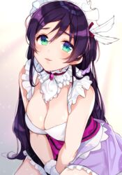  :3 bad_id bad_pixiv_id blush breasts cleavage collar female frilled_collar frills goroo_(eneosu) gradient_background green_eyes hair_between_eyes headdress highres large_breasts long_hair love_live! love_live!_school_idol_project maid_headdress mogyutto_&quot;love&quot;_de_sekkin_chuu! open_mouth purple_hair purple_sash sash sleeveless solo tojo_nozomi 