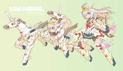  animal_ears blue_eyes blue_skirt commentary_request female floating_hair green_background gundam gundam_unicorn hair_over_one_eye horns horse_ears horse_girl long_hair looking_ahead mecha mecha_musume multiple_views nakayama_tooru nt-d oguri_cap_(umamusume) one_eye_covered open_hand parody robot sailor_collar science_fiction single_horn skirt transformation umamusume unicorn_gundam yellow_eyes 