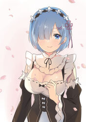  arm_at_side black_dress blue_eyes blue_hair blush breasts cleavage closed_mouth commentary_request detached_collar detached_sleeves dress female frilled_sleeves frills hair_ornament hair_over_one_eye hairband hairclip hand_on_own_chest kohana_(princessxhana) lolita_hairband long_sleeves looking_at_viewer maid medium_breasts petals re:zero_kara_hajimeru_isekai_seikatsu rem_(re:zero) roswaal_mansion_maid_uniform short_hair simple_background smile solo underbust upper_body white_background wide_sleeves x_hair_ornament 