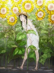  bare_shoulders black_eyes black_hair braid collarbone dress female field flip-flops flower flower_field hat highres holding holding_flower leaning_forward long_hair looking_at_viewer monodevil original outdoors sandals smile solo straw_hat sundress sunflower sunflower_field twin_braids white_dress 