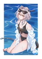  absurdres alternate_costume arknights bare_legs barefoot between_legs bikini black-framed_eyewear black_bikini blush breasts chinese_commentary cleavage commentary dragon_horns dragon_tail eyelashes eyewear_on_head female full_body grey_hair hair_between_eyes hand_between_legs highres horns lips looking_at_viewer medium_breasts medium_hair midriff navel off_shoulder open_clothes open_shirt parted_lips partially_submerged saco_(cgmore) shirt sitting solo sunglasses swimsuit tail talulah_(arknights) thighs unbuttoned water wet wet_clothes white_shirt yellow_eyes 