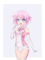  bare_shoulders breasts commentary_request covered_navel elbow_gloves female gloves highres kazuneko_(wktk1024) long_hair looking_at_viewer neptune_(series) open_mouth pink_hair power_symbol power_symbol-shaped_pupils small_breasts smile solo symbol-shaped_pupils white_sister_ram 