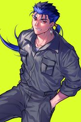  1boy alternate_costume beads blue_hair closed_mouth cowboy_shot cu_chulainn_(fate) cu_chulainn_(fate/stay_night) earrings fate/stay_night fate_(series) floating_hair green_background grin hair_beads hair_ornament hands_in_pockets highres jewelry jumpsuit long_hair looking_at_viewer male_focus ponytail red_eyes simple_background slit_pupils smile solo spiked_hair uni_(nico02) 