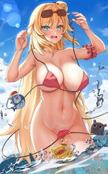  akai_haato akai_haato_(hololive_summer_2019) armband assisted_exposure bikini blonde_hair bloop_(gawr_gura) blue_sky breasts cloud cowboy_shot day embarrassed english_commentary eyewear_on_head female frilled_armband frills green_eyes haaton_(akai_haato) hair_bun hair_ribbon highres hololive large_breasts long_hair navel official_alternate_costume official_alternate_hairstyle outdoors piukute062 red_bikini red_ribbon ribbon single_hair_bun single_side_bun sky solo splashing sunglasses swimsuit takodachi_(ninomae_ina&#039;nis) tears untied_bikini very_long_hair virtual_youtuber wading wardrobe_malfunction water water_drop 