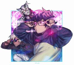  3boys adjusting_eyewear arm_up arms_up black_shirt blank_eyes blue_background blue_sweater brown_hair closed_eyes dark-skinned_male dark_skin frown glasses headphones headphones_around_neck high_collar highres kekkai_sensen leaning_forward leonardo_watch long_sleeves looking_away lorgnette male_focus monster_boy multicolored_background multiple_boys o3o pants pink_background shirt short_hair sleeveless sleeveless_shirt sunglasses sweater ta0oxo0ma two-tone_sweater upper_body white_background white_hair white_pants white_sweater zap_renfro zed_o&#039;_brien 