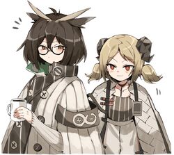  2girls ahoge arknights armband bad_id bad_twitter_id blonde_hair brown_eyes brown_hair buttons closed_mouth coat cup demon_horns dot_mouth feather_hair freenote_mr glasses half-closed_eyes highres holding holding_cup horns id_card ifrit_(arknights) looking_at_another looking_at_viewer low_twintails mug multiple_girls orange_eyes rhine_lab_logo semi-rimless_eyewear shirt short_hair short_twintails silence_(arknights) simple_background standing striped_clothes striped_shirt tied_hair turtleneck twintails upper_body white_background white_coat 