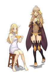  2girls absurdres ahoge alternate_costume alternate_hairstyle asymmetrical_bangs barefoot bodystocking breasts cape commission covered_navel fire_emblem fire_emblem_awakening fire_emblem_fates full_body grandmother_and_granddaughter grey_eyes hair_down highres holding holding_clothes holding_panties holding_underwear lissa_(fire_emblem) long_hair medium_breasts multiple_girls nightgown open_mouth ophelia_(fire_emblem) panties saikunartworks sitting stool thighhighs toeless_footwear turtleneck underwear unworn_panties yellow_panties 