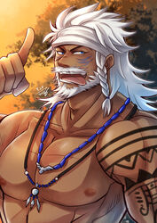  1boy abs absurdres bara beard blue_eyes braid dark-skinned_male dark_skin facial_hair facial_mark final_fantasy final_fantasy_xiv headband highres hyur jewelry kageru_(mofnyan) large_pectorals long_hair lyon_rem_helsos male_focus mature_male moustache muscular muscular_male necklace nipples old old_man pectorals scar scar_on_face scar_on_nose shoulder_tattoo side_braid single_braid solo tattoo teasing tooth_necklace topless_male tribal upper_body white_hair 