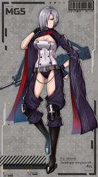  absurdres annno_ans aqua_eyes ass_visible_through_thighs barcode belt belt_buckle black_footwear black_gloves boots breasts buckle chaps character_name cleavage cleavage_cutout closed_mouth clothing_cutout commentary_request commission covered_navel female fingerless_gloves full_body girls&#039;_frontline gloves green_eyes grey_hair gun h&amp;k_mg5 hair_between_eyes hair_over_one_eye hand_on_own_hip highres knee_pads leotard lips looking_at_viewer machine_gun medium_breasts mg5_(girls&#039;_frontline) nail_polish red_nails short_hair simple_background skeb_commission solo standing thank_you thighs very_long_sleeves weapon weapon_on_back wide_sleeves 