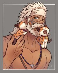  1boy animal bara beard blue_eyes braid dark-skinned_male dark_skin facial_hair facial_mark feline final_fantasy final_fantasy_xiv headband highres hyur jewelry large_pectorals long_hair lyon_rem_helsos male_focus manly mature_male moustache muscular muscular_male necklace pectorals protected_link shiba156_ff14 side_braid single_braid solo tooth_necklace topless_male tribal 