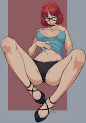  absurdres artist_name bare_arms bare_legs bare_shoulders black-framed_eyewear black_choker black_footwear black_panties blue_shirt breasts breasts_apart choker clothes_lift commentary commission english_commentary female finger_to_mouth full_body glasses green_eyes groin heather_poe highres ittla large_breasts lifting_own_clothes looking_at_viewer looking_over_eyewear midriff navel no_pants panties red_hair shirt shirt_lift shoes short_hair simple_background smile solo spread_legs underwear v-shaped_eyebrows vampire:_the_masquerade_-_bloodlines world_of_darkness 