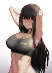  armpits arms_behind_head arms_up bare_arms bare_shoulders black_hair black_sports_bra blush breasts brown_eyes cero_(last2stage) cleavage collarbone commentary_request commission crop_top dated_commentary female girls&#039;_frontline gradient_background groin highres korean_commentary large_breasts long_hair looking_at_viewer m4a1_(girls&#039;_frontline) midriff navel nose_blush smile solo sports_bra steam stomach sweat taut_clothes upper_body very_long_hair white_background 