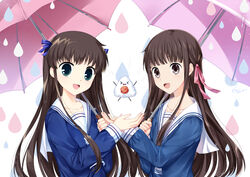  &gt;_&lt; 2girls :d absurdres alternate_eye_color blue_eyes brown_eyes brown_hair cen_(cenll) commentary_request dual_persona food fruits_basket hair_ribbon highres honda_tohru multiple_girls onigiri open_mouth ribbon school_uniform serafuku smile umbrella 