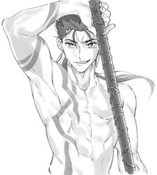  1boy abs arm_up armpits bodypaint closed_mouth commentary_request cu_chulainn_(fate) cu_chulainn_(fate/stay_night) earrings fate/stay_night fate_(series) greyscale grin holding holding_polearm holding_weapon jewelry long_hair male_focus monochrome muscular muscular_male navel oerba_yun_fang polearm ponytail simple_background slit_pupils smile solo spiked_hair topless_male uni_(nico02) weapon white_background 