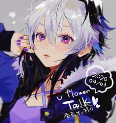  bad_id bad_twitter_id black_hair character_name collar commentary criss-cross_halter dated dress female flower_(gynoid_talk) flower_(vocaloid) fur-trimmed_jacket fur_trim gynoid_talk halterneck hand_in_own_hair hand_up heart highres jacket lips looking_at_viewer medium_hair multicolored_hair nail_polish parted_lips portrait purple_dress purple_eyes purple_nails solo streaked_hair translated two-tone_hair vocaloid white_hair yobigoe 