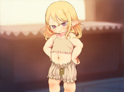  bare_shoulders blonde_hair bloomers blurry blurry_background blush camisole closed_mouth commentary_request contrapposto elf feet_out_of_frame female feral_lemma hair_between_eyes hair_over_shoulder hands_on_own_hips head_tilt highres looking_at_viewer medium_hair midriff navel no_nose original paid_reward_available photoshop_(medium) pointy_ears purple_eyes shadow sidelocks sleeveless smile solo standing thick_arms tsurime underwear underwear_only 