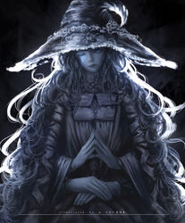  absurdres blue_eyes blue_skin cloak colored_skin commentary cowboy_shot elden_ring english_commentary extra_arms female fengbuxiao fingers_together fur_cloak hat highres lips looking_at_viewer md5_mismatch one_eye_closed ranni_the_witch sitting solo spot_color witch witch_hat 