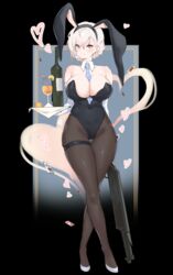  absurdres alcohol animal_ears bare_shoulders black_leotard blue_necktie blush breasts card champagne champagne_bottle champagne_flute cleavage closed_mouth collar collarbone covered_navel crossed_legs cup detached_collar drinking_glass earrings elbow_gloves fake_animal_ears female full_body girls&#039;_frontline gloves groin gun hair_between_eyes handgun heart highres holding holding_gun holding_tray holding_weapon jewelry large_breasts legs leotard looking_at_viewer md5_mismatch necktie oh_(aung_ae) pantyhose playboy_bunny rabbit_ears red_eyes rmb-93 rmb-93_(girls&#039;_frontline) short_hair shotgun skindentation smile solo standing strapless strapless_leotard thigh_gap thigh_strap tray watson_cross weapon white_collar white_footwear white_gloves white_hair 