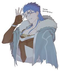  1boy adjusting_eyewear blue_hair bracelet capelet closed_mouth cu_chulainn_(caster)_(fate) cu_chulainn_(fate) earrings fate/grand_order fate_(series) fur-trimmed_hood fur_trim glasses grin highres hood hood_down hooded_capelet jewelry long_hair looking_at_viewer male_focus muscular muscular_male red_eyes simple_background skin_tight smile solo spiked_hair uni_(nico02) white_background 