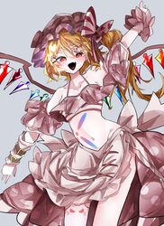  alt_text alternate_costume black_mouth blonde_hair bow crystal crystal_wings female flandre_scarlet hat hat_ribbon heart heart_in_mouth heart_ribbon highres internet_survivor medium_hair multicolored_bow oerba_yun_fang one_side_up polka_dot polka_dot_skirt red_eyes red_ribbon ribbon skirt slit_pupils solo touhou vivo_(vivo_sun_0222) 