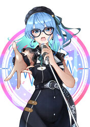  absurdres asymmetrical_hair beret black-framed_eyewear black_dress black_hat blue_eyes blue_hair blue_nails blush breasts clothes_writing commentary cowboy_shot dress earrings female floating_hair foreshortening glasses hair_between_eyes hair_ribbon hat highres hololive hoshimachi_suisei hoshimachi_suisei_(casual) jewelry lace-trimmed_dress lace_trim light_blue_hair long_hair looking_at_viewer microphone_stand music nail_polish official_alternate_costume official_alternate_hair_length official_alternate_hairstyle one_side_up open_mouth outstretched_hand reaching reaching_towards_viewer ribbon saco_(cgmore) simple_background singing sleeveless sleeveless_dress small_breasts solo star_(symbol) star_in_eye symbol_in_eye virtual_youtuber white_background wrist_cuffs 