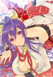  antenna_hair ass backless_outfit blazblue blazblue_alternative:_dark_war blue_hair blush bow breasts butt_crack feet_up female halterneck highres large_breasts leg_up long_hair looking_at_viewer lowleg lowleg_pants lying mai_natsume official_art on_stomach outseal pants polearm purple_eyes revealing_clothes smile spear sumeshi_(ambivalince) very_long_hair weapon yellow_bow 